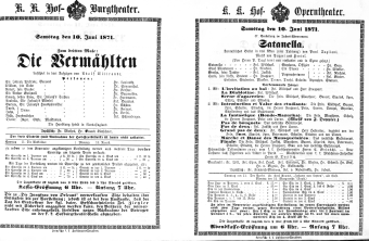 Theaterzettel (Oper und Burgtheater in Wien) 18710610 Seite: 1