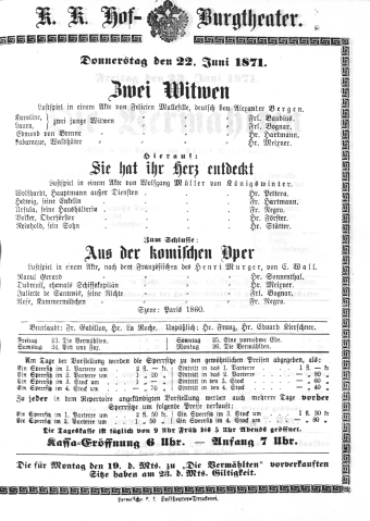 Theaterzettel (Oper und Burgtheater in Wien) 18710622 Seite: 1