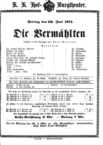 Theaterzettel (Oper und Burgtheater in Wien) 18710623 Seite: 1