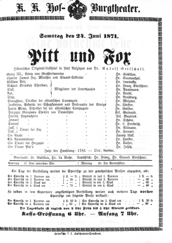 Theaterzettel (Oper und Burgtheater in Wien) 18710624 Seite: 1