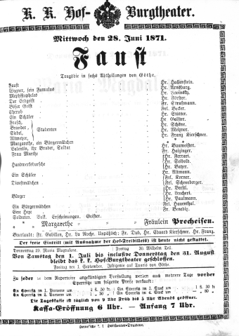 Theaterzettel (Oper und Burgtheater in Wien) 18710628 Seite: 1