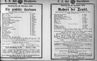 Theaterzettel (Oper und Burgtheater in Wien) 18711118 Seite: 1