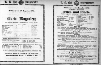 Theaterzettel (Oper und Burgtheater in Wien) 18711213 Seite: 1