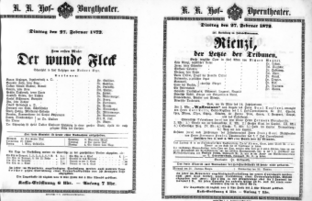 Theaterzettel (Oper und Burgtheater in Wien) 18720227 Seite: 1