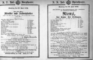 Theaterzettel (Oper und Burgtheater in Wien) 18720615 Seite: 1