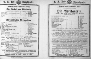 Theaterzettel (Oper und Burgtheater in Wien) 18720909 Seite: 1