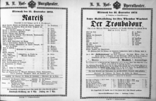 Theaterzettel (Oper und Burgtheater in Wien) 18720911 Seite: 1