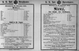 Theaterzettel (Oper und Burgtheater in Wien) 18720918 Seite: 1