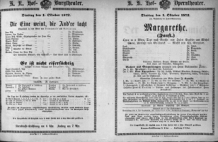Theaterzettel (Oper und Burgtheater in Wien) 18721001 Seite: 1