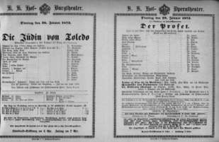 Theaterzettel (Oper und Burgtheater in Wien) 18730128 Seite: 1