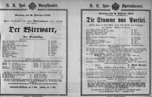 Theaterzettel (Oper und Burgtheater in Wien) 18730209 Seite: 1