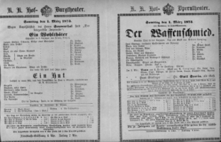 Theaterzettel (Oper und Burgtheater in Wien) 18730301 Seite: 1