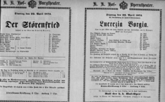 Theaterzettel (Oper und Burgtheater in Wien) 18730422 Seite: 1