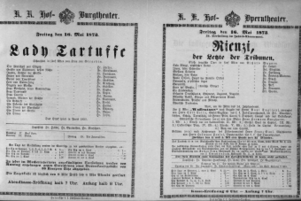 Theaterzettel (Oper und Burgtheater in Wien) 18730516 Seite: 1