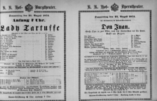 Theaterzettel (Oper und Burgtheater in Wien) 18730821 Seite: 1