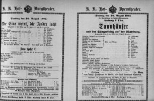 Theaterzettel (Oper und Burgtheater in Wien) 18730826 Seite: 1