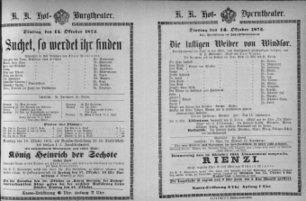 Theaterzettel (Oper und Burgtheater in Wien) 18731014 Seite: 1