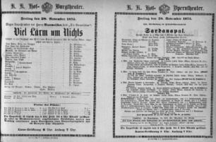 Theaterzettel (Oper und Burgtheater in Wien) 18731128 Seite: 1