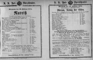 Theaterzettel (Oper und Burgtheater in Wien) 18740218 Seite: 1
