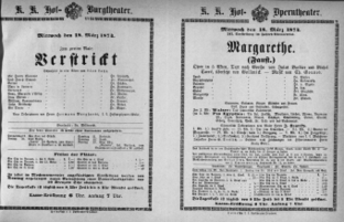 Theaterzettel (Oper und Burgtheater in Wien) 18740318 Seite: 1