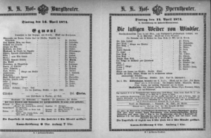 Theaterzettel (Oper und Burgtheater in Wien) 18740414 Seite: 1