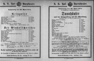 Theaterzettel (Oper und Burgtheater in Wien) 18740416 Seite: 1