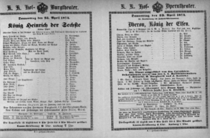 Theaterzettel (Oper und Burgtheater in Wien) 18740423 Seite: 1