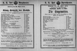 Theaterzettel (Oper und Burgtheater in Wien) 18740425 Seite: 1