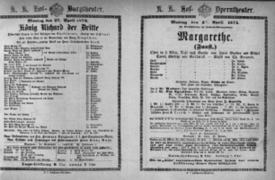 Theaterzettel (Oper und Burgtheater in Wien) 18740427 Seite: 1