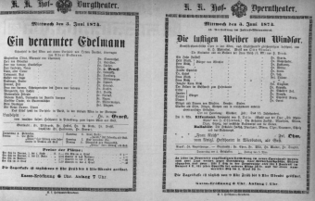 Theaterzettel (Oper und Burgtheater in Wien) 18740603 Seite: 1