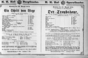 Theaterzettel (Oper und Burgtheater in Wien) 18740823 Seite: 1