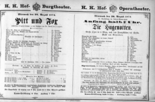 Theaterzettel (Oper und Burgtheater in Wien) 18740826 Seite: 1