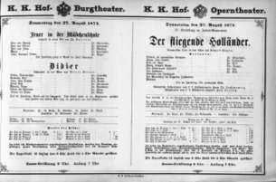 Theaterzettel (Oper und Burgtheater in Wien) 18740827 Seite: 1