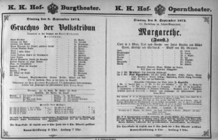 Theaterzettel (Oper und Burgtheater in Wien) 18740908 Seite: 1
