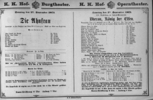 Theaterzettel (Oper und Burgtheater in Wien) 18740927 Seite: 1