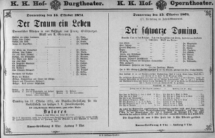 Theaterzettel (Oper und Burgtheater in Wien) 18741015 Seite: 1
