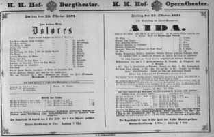 Theaterzettel (Oper und Burgtheater in Wien) 18741023 Seite: 1