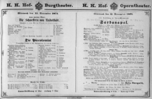Theaterzettel (Oper und Burgtheater in Wien) 18741111 Seite: 1