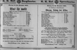 Theaterzettel (Oper und Burgtheater in Wien) 18741116 Seite: 1