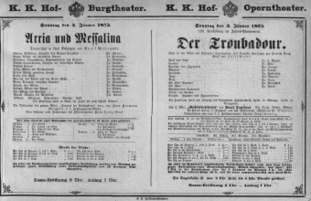 Theaterzettel (Oper und Burgtheater in Wien) 18750103 Seite: 1