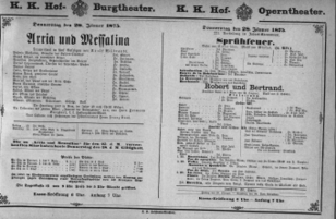 Theaterzettel (Oper und Burgtheater in Wien) 18750128 Seite: 1