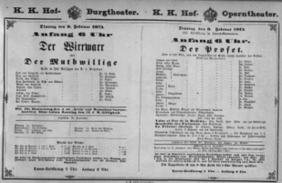 Theaterzettel (Oper und Burgtheater in Wien) 18750209 Seite: 1