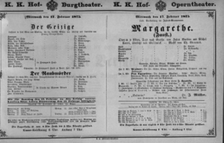 Theaterzettel (Oper und Burgtheater in Wien) 18750217 Seite: 1