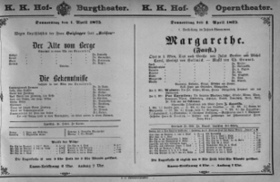Theaterzettel (Oper und Burgtheater in Wien) 18750401 Seite: 1