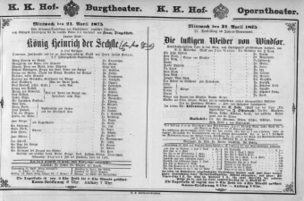 Theaterzettel (Oper und Burgtheater in Wien) 18750421 Seite: 1