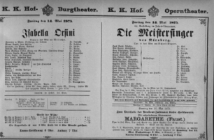 Theaterzettel (Oper und Burgtheater in Wien) 18750514 Seite: 1