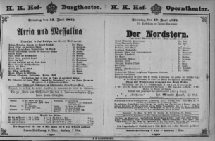 Theaterzettel (Oper und Burgtheater in Wien) 18750613 Seite: 1
