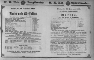 Theaterzettel (Oper und Burgtheater in Wien) 18750920 Seite: 1