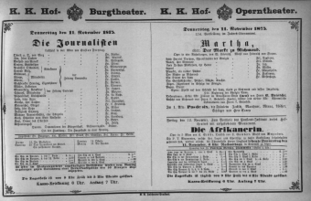Theaterzettel (Oper und Burgtheater in Wien) 18751111 Seite: 1