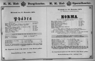Theaterzettel (Oper und Burgtheater in Wien) 18751117 Seite: 1